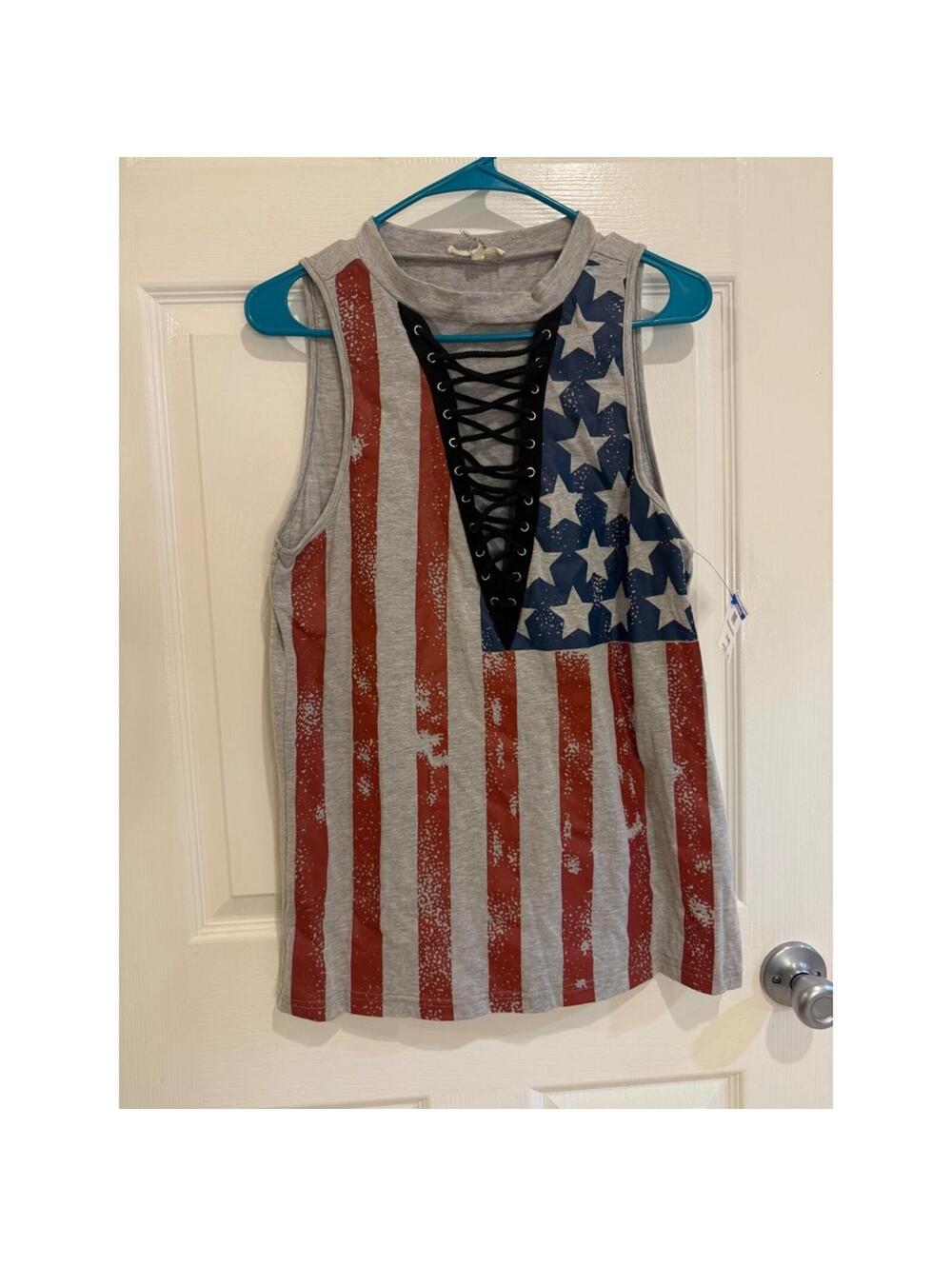 :) Entro American Flag Tank Top Lace Up Patriotic Sleeveless Shirt Size S [COPY]